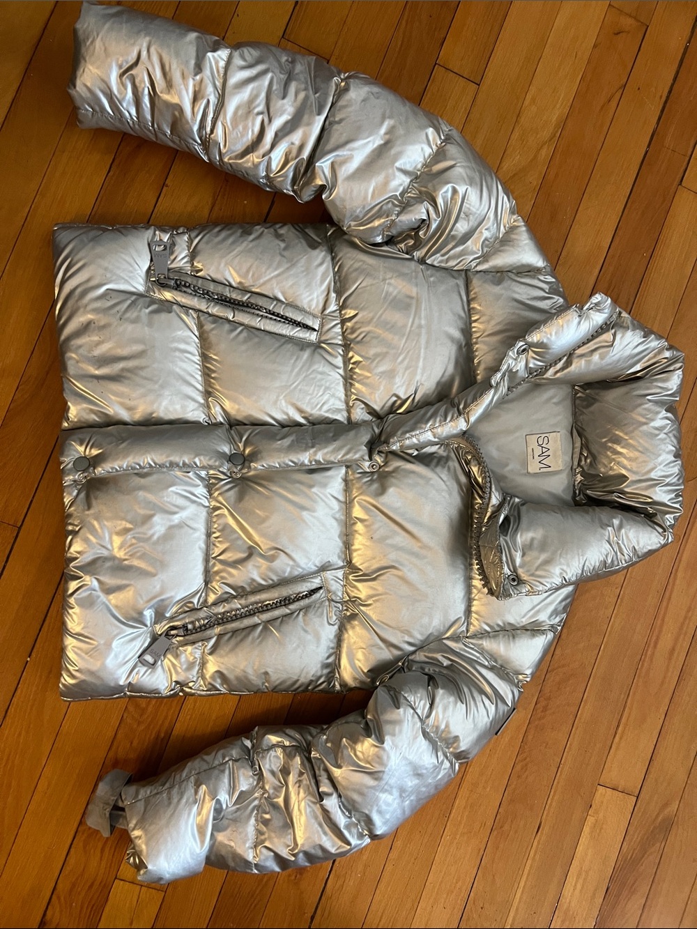 SAM. Metallic Silver Puffer Coat. Size S